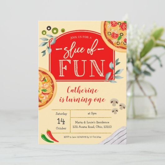ピザの最初の誕生日パーティーの招待状 招待状 (スタンド正面)
