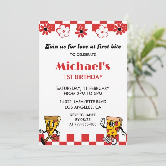 ピザの最初の誕生日招待状|ラブピザパーティー 招待状 (スタンド正面)