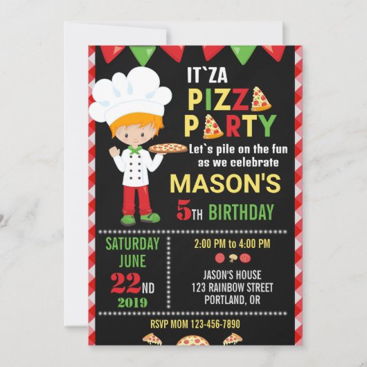 ピザの誕生日招待状 赤と緑のピザパーティー 招待状 (正面)