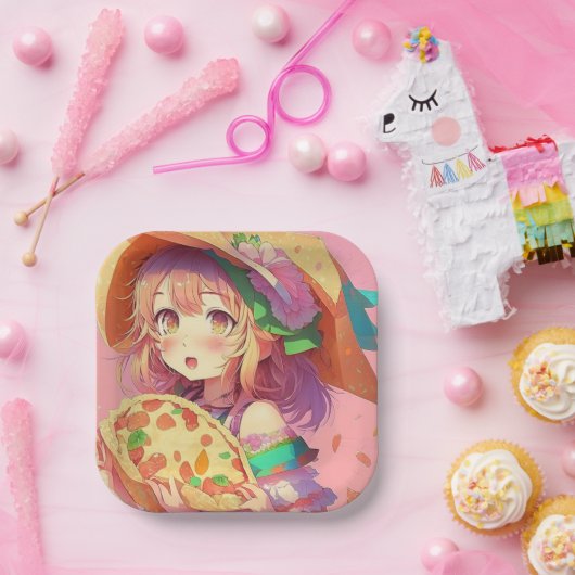 ピザをかわいらし持つアニメの少女|過去記事 ペーパープレート (パーティー)