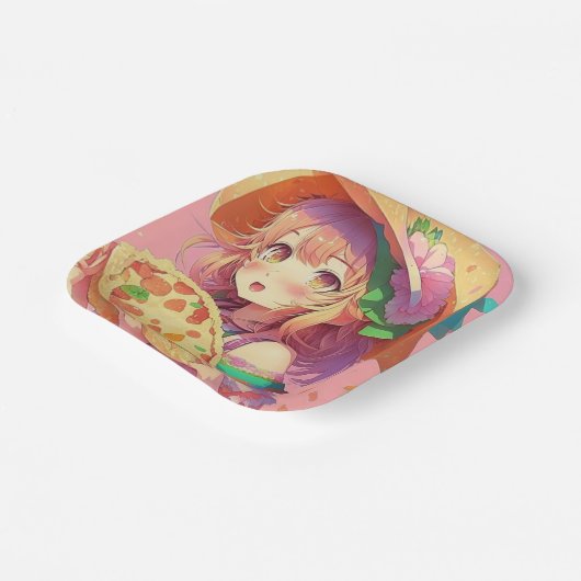ピザをかわいらし持つアニメの少女|過去記事 ペーパープレート (傾斜あり)