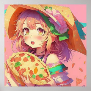 ピザをかわいらし持つアニメの少女 過去記事 ポスター