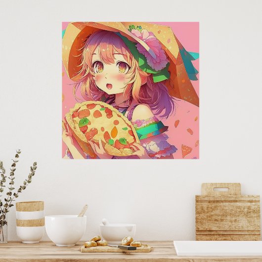 ピザをかわいらし持つアニメの少女|過去記事 ポスター (キッチン)