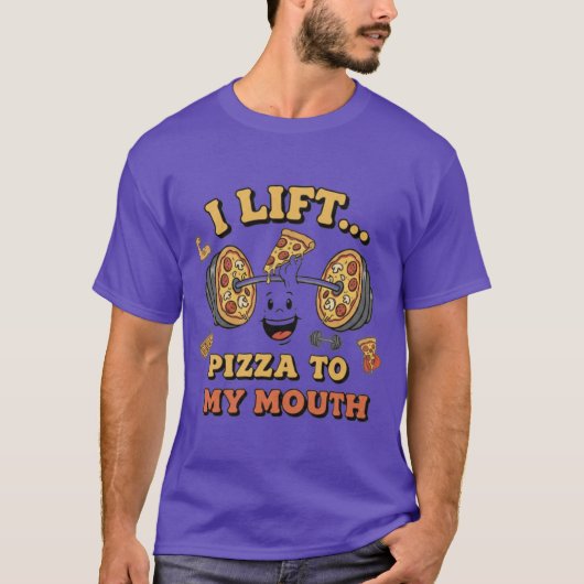 ピザを口に運ぶ面白いジムのチートデイ レトロ Tシャツ (正面)