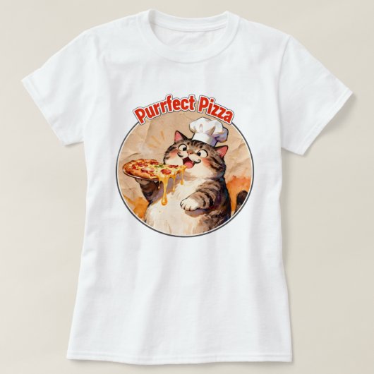 ピザを持つ幸せな猫シェフ Tシャツ (デザイン正面)