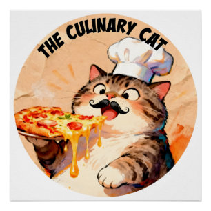 ピザを持つ猫シェフの料理猫 ポスター