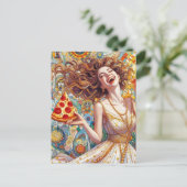 ピザを食べた非常に幸せな女性 ポストカード (スタンド正面)