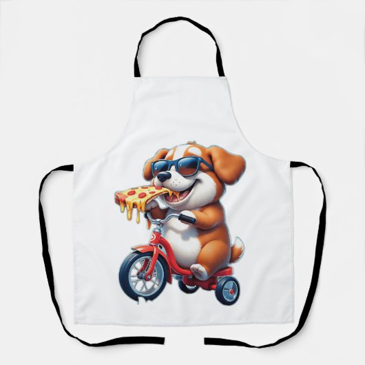 ピザを食べながら自転車に乗る子犬 エプロン (正面)