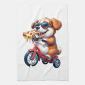 ピザを食べながら自転車に乗る子犬 キッチンタオル (縦)