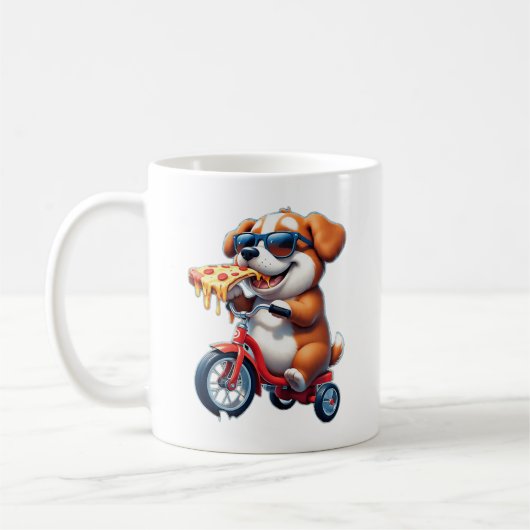 ピザを食べながら自転車に乗る子犬 コーヒーマグカップ (左)