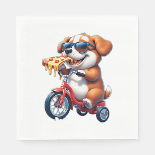 ピザを食べながら自転車に乗る子犬 スタンダードランチョンナプキン (正面)