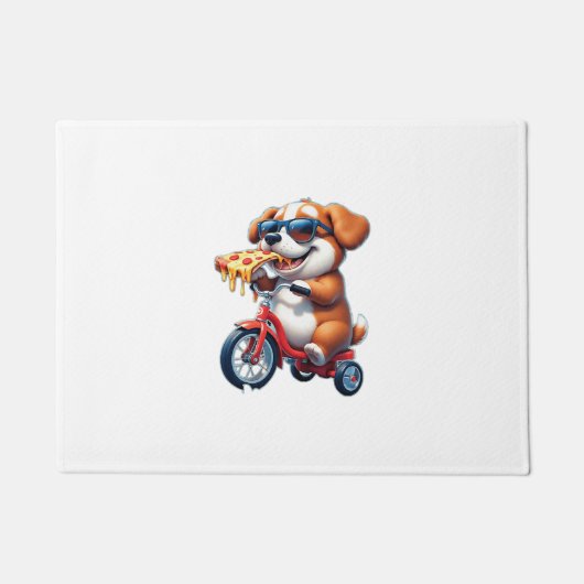 ピザを食べながら自転車に乗る子犬 ドアマット (正面)