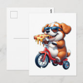 ピザを食べながら自転車に乗る子犬 ポストカード (正面/裏面)