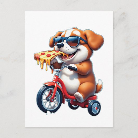 ピザを食べながら自転車に乗る子犬 ポストカード (正面)