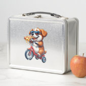 ピザを食べながら自転車に乗る子犬 メタルランチボックス (インサイチュ)