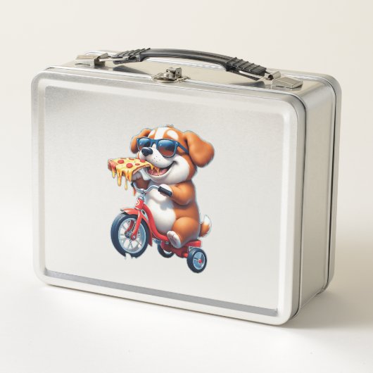 ピザを食べながら自転車に乗る子犬 メタルランチボックス (正面)