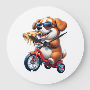 ピザを食べながら自転車に乗る子犬 ラージ壁時計