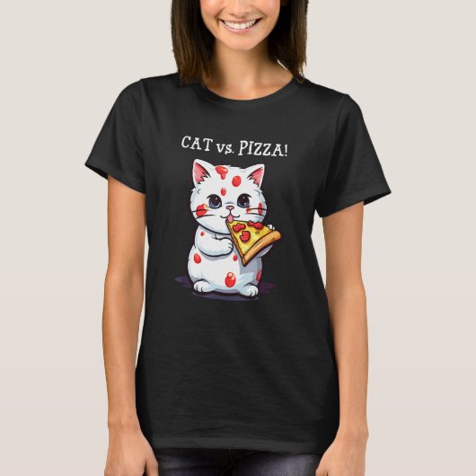 ピザを食べるかわいい猫 - 猫対ピザ Tシャツ (正面)