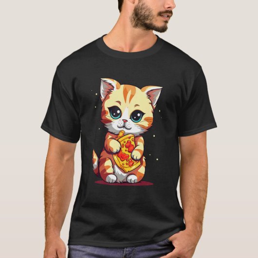 ピザを食べるかわいい猫 Tシャツ (正面)