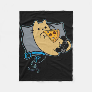 ピザを食べるゲーム好きな猫 ネコ ネコ派 ゲーム一時停止中 フリースブランケット