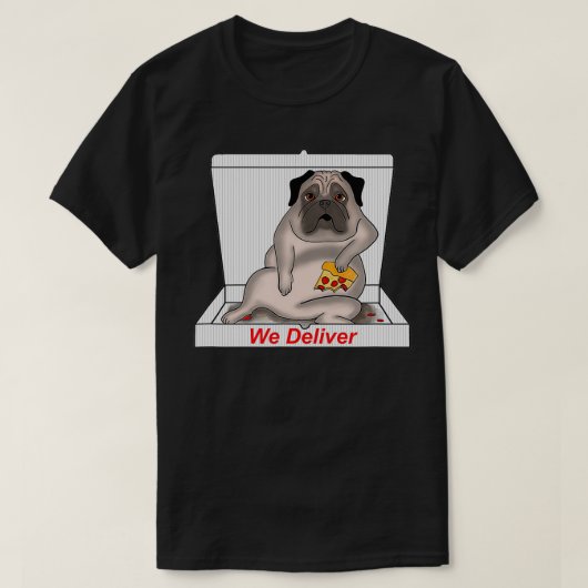 ピザを食べるパグ Tシャツ (デザイン正面)