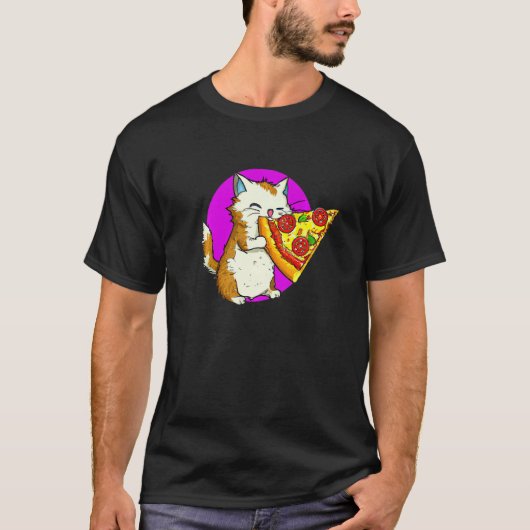 ピザを食べる猫と猫とピザ Tシャツ (正面)