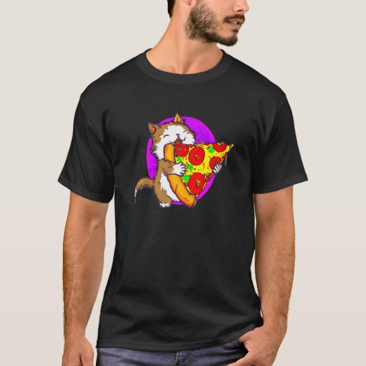 ピザを食べる猫 猫とピザ 1 Tシャツ (正面)