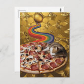 ピザを食べる超現実的な猫ゴールデンレインボー背景 ポストカード (正面/裏面)