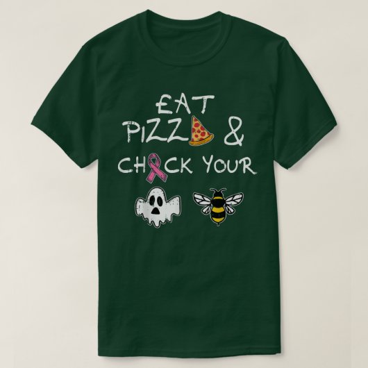ピザを食べる お尻をチェック ハロウィン 乳がん Tシャツ (デザイン正面)