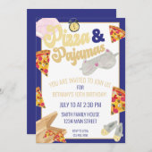 ピザアンドパジャマススランバーパーティースリーポバー誕生日 招待状 (正面/裏面)