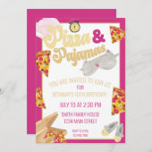 ピザアンドパジャマススランバーパーティースリーポバー誕生日 招待状 (正面/裏面)