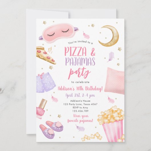 ピザアンドパジャマススリーポバースランバーパーティー誕生日 招待状 (正面)