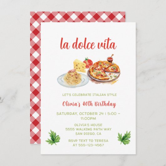 ピザアンドパスタパーティー誕生日イタリアンディナー 招待状 (正面/裏面)