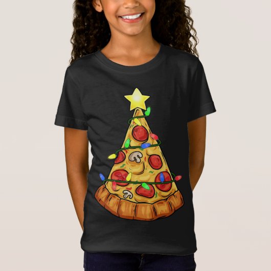 ピザクリスマスツリーおもしろいライツボーイズキッズクリスマス Tシャツ (正面)