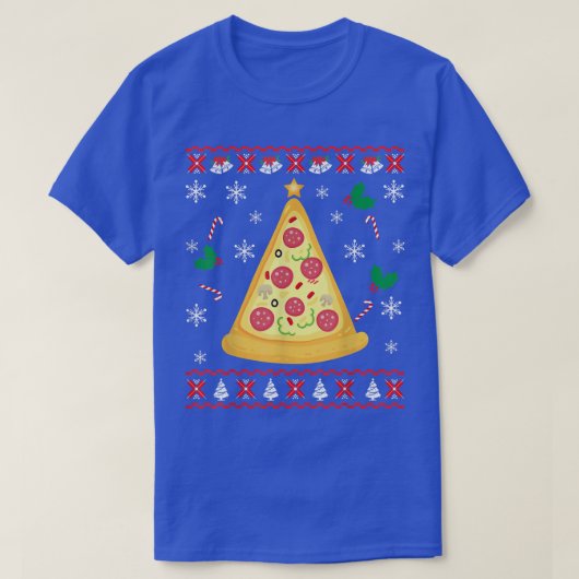 ピザクリスマスツリー醜いクリスマスセーターおもしろい Tシャツ (デザイン正面)