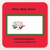 ピザサービス，赤い緑，パーソナライズされたビジネスカー スクエアペーパーコースター (正面)