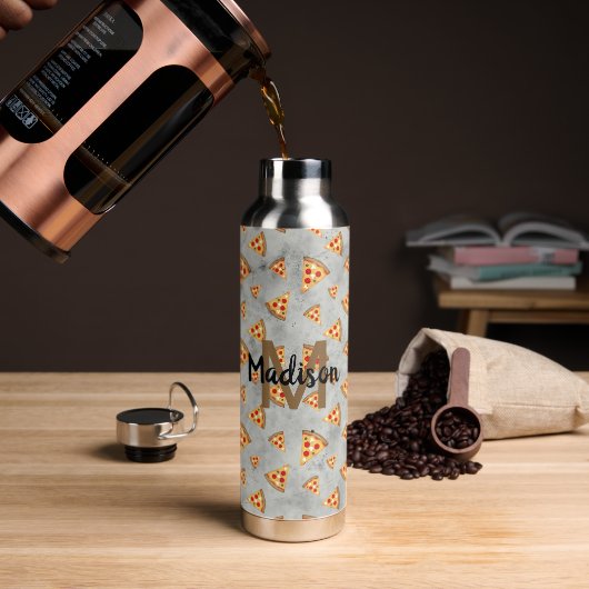 ピザスライスカッコいいヴィンテージグレーパターンモノグラム ウォーターボトル (コーヒー)
