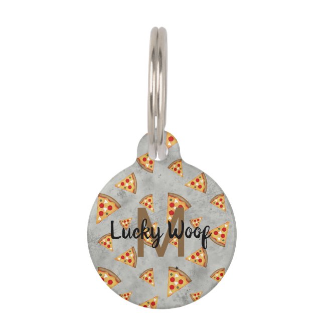 ピザスライスカッコいいヴィンテージグレーパターンモノグラム ペット　ネームタグ (正面)