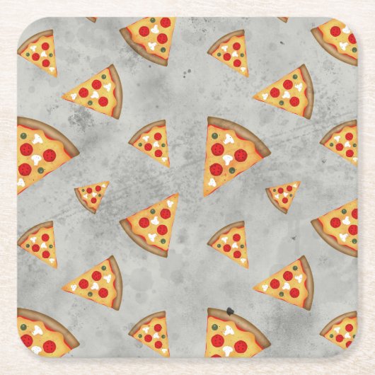 ピザスライスカッコいいヴィンテージグレーパターン スクエアペーパーコースター (正面)