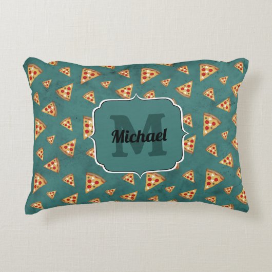 ピザスライスカッコいいヴィンテージティール(緑がかった色)パターンモノグラム アクセントクッション (正面)