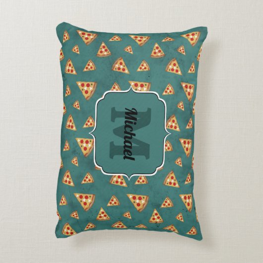 ピザスライスカッコいいヴィンテージティール（緑がかった色）パターンモノグラム アクセントクッション (裏面(縦))