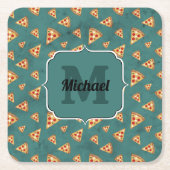 ピザスライスカッコいいヴィンテージティール（緑がかった色）パターンモノグラム スクエアペーパーコースター (正面)