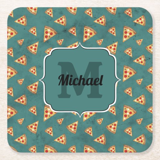 ピザスライスカッコいいヴィンテージティール（緑がかった色）パターンモノグラム スクエアペーパーコースター (正面)