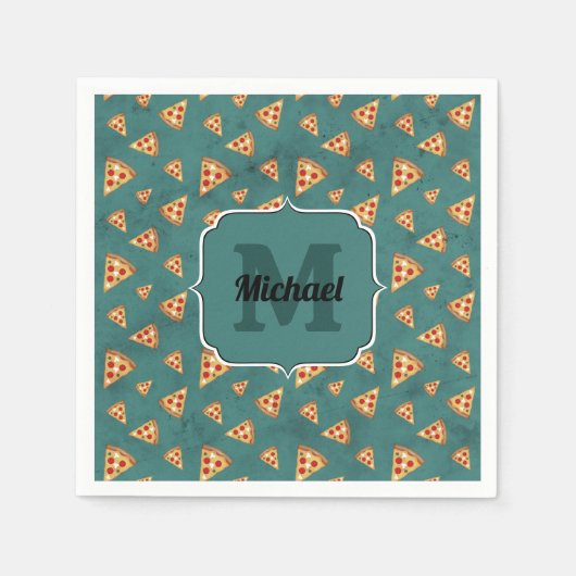 ピザスライスカッコいいヴィンテージティール（緑がかった色）パターンモノグラム スタンダードカクテルナプキン (正面)