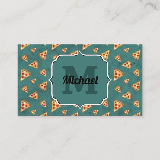 ピザスライスカッコいいヴィンテージティール（緑がかった色）パターンモノグラム 名刺 (正面)