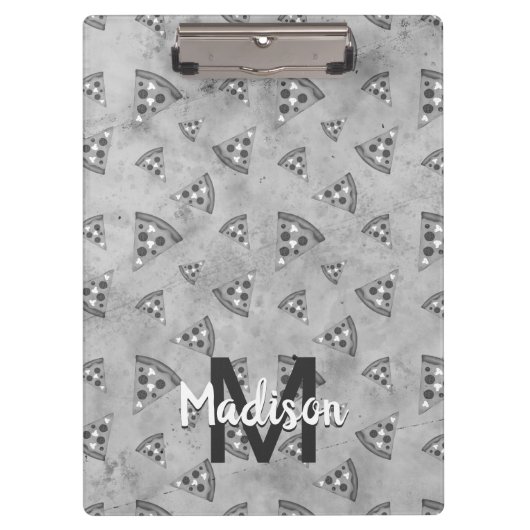 ピザスライスカッコいいヴィンテージ白黒グレーモノグラム クリップボード (正面)