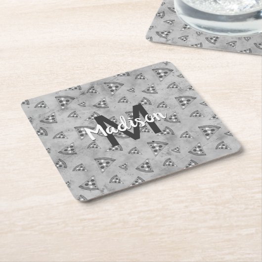 ピザスライスカッコいいヴィンテージ白黒グレーモノグラム スクエアペーパーコースター (アングル)