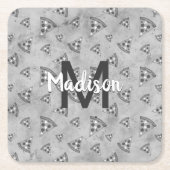 ピザスライスカッコいいヴィンテージ白黒グレーモノグラム スクエアペーパーコースター (正面)