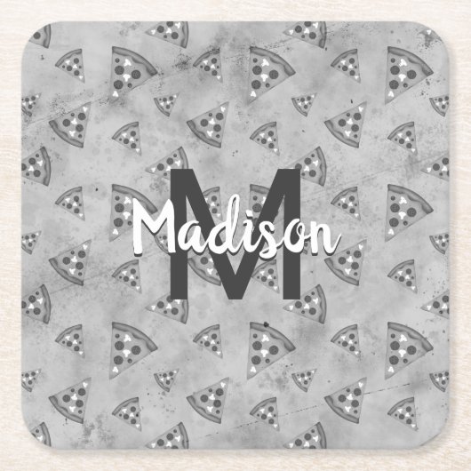 ピザスライスカッコいいヴィンテージ白黒グレーモノグラム スクエアペーパーコースター (正面)