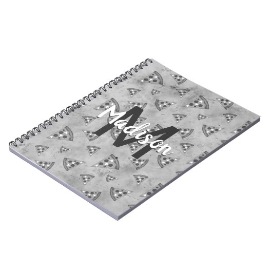 ピザスライスカッコいいヴィンテージ白黒グレーモノグラム ノートブック (左側)